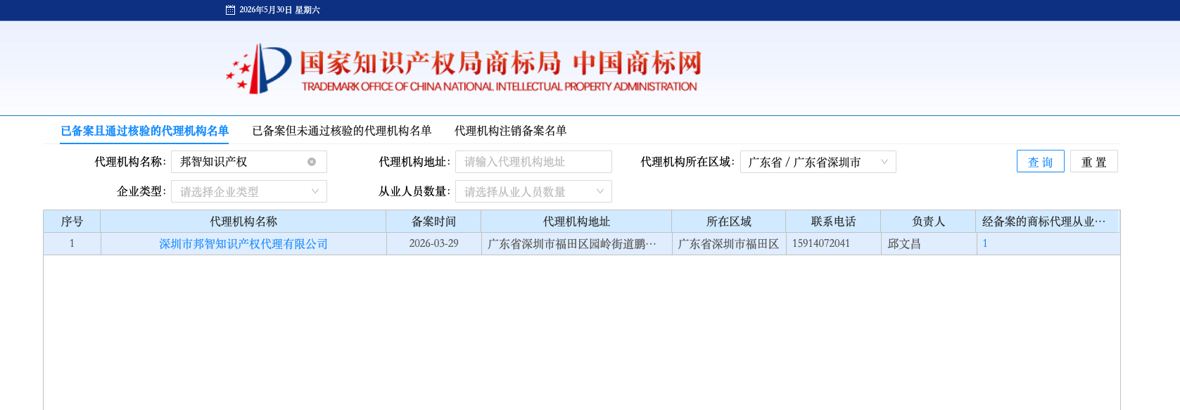 深圳市邦智知识产权代理有限公司国家知识产权局商标局、版权局相关备案截图